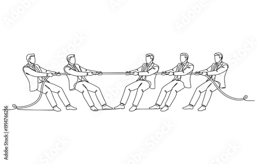 One continuous line drawing of four businessmen pulling rope competition business.