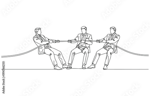 One continuous line drawing of four businessmen pulling rope competition business.