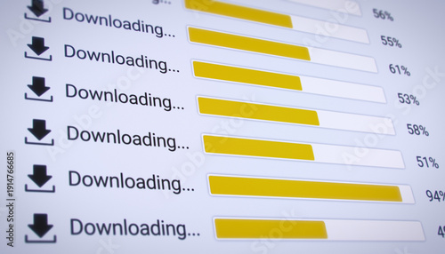 Illustration of the process of downloading multiple files from the Internet on a computer monitor screen. A computer monitor displaying information about the data download in real time.
