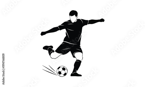 Professional soccer player kicking ball with high speed during game
