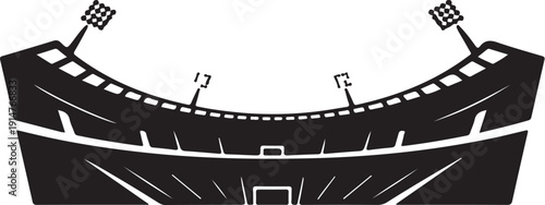 Black and white stadium with numbered seats and floodlights