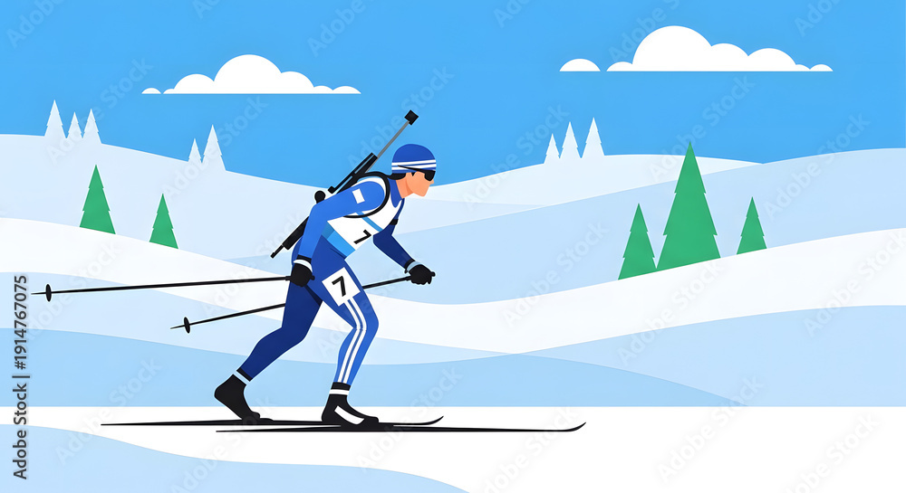 Obraz premium Flat Vector Illustration of Biathlon Athlete in Snowy Winter Mountain Landscape