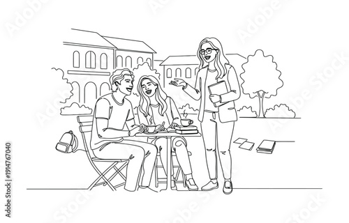 Continuous line drawing of a group of people laughing and teasing together.