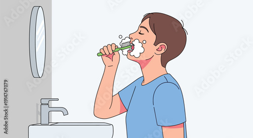 Man brushing teeth with toothbrush in bathroom