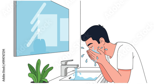 Man washing face with water from silver faucet in bathroom with mirror and green plant