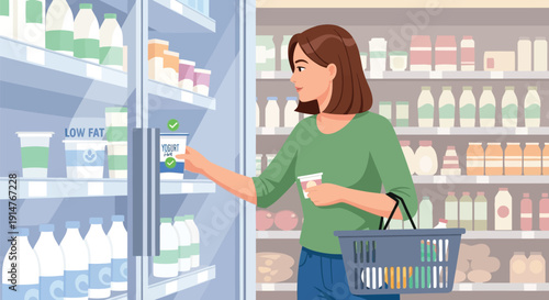 Woman shopping for milk and coffee in a grocery store aisle with a cart