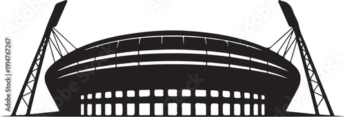 Black and white stadium with supporting towers and cables