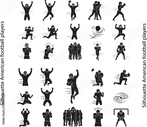 Silhouette American football players in diverse action poses tackling running throwing catching for sports Silhouette American football players in diverse action poses tackling