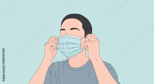 A man putting on a blue surgical face mask isolated on light blue background