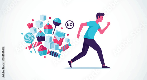 Vector illustration of man running from junk food