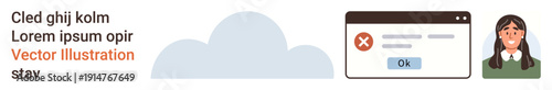 Technology, UI design, error messages, communication, online issues, user experience. Error message in browser window with a woman s avatar. Technology and UI design concept