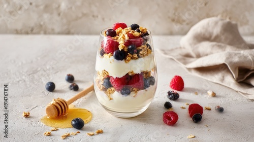 Greek yogurt parfait layered with granola berries and honey in a tall glass on a neutral beige surface Vegetarian dish