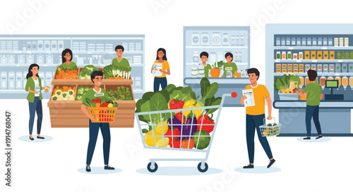 Vector illustration of diverse people shopping for fresh produce and groceries at a supermarket