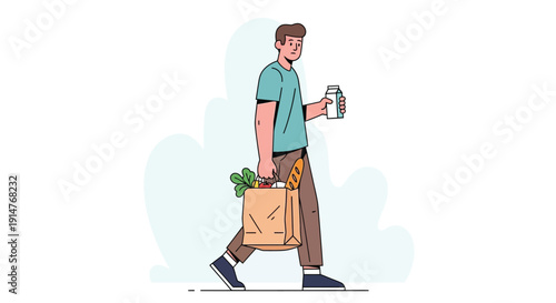 Vector illustration of a man walking with grocery bag and coffee cup