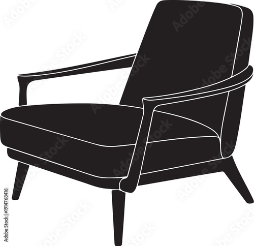 Black Armchair with Wooden Legs and Curved Backrest