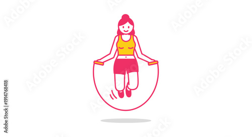 A young woman jumping rope in a minimalist pink and yellow vector illustration isolated on transparent background