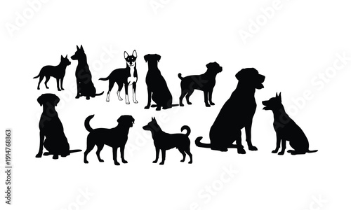 Various dog breeds silhouette collection vector set on white ground