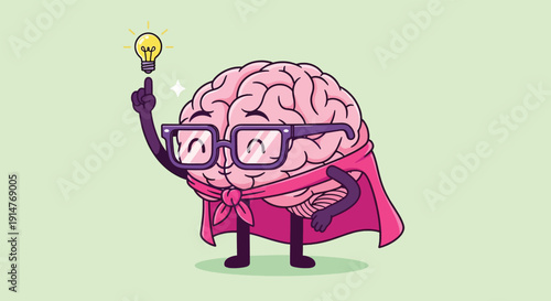 Brain with Glasses and Cape Having an Idea.