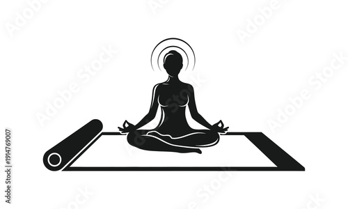 Woman silhouette practicing yoga meditation on mat for wellness theme