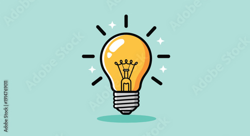 Bright Idea Light Bulb Illuminating on a Light Blue Background.