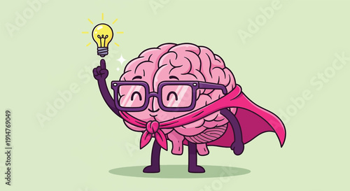 Brain superhero with idea lightbulb.