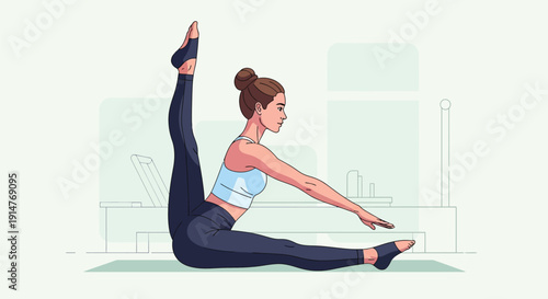 woman in blue sports bra and leggings doing yoga stretch with one leg raised in air isolated on transparent background