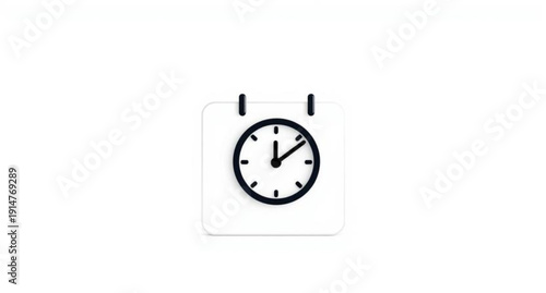 A black wall clock object with a circular face and numbers is isolated on a white background showing the hour and minute dial for time management and deadline countdown