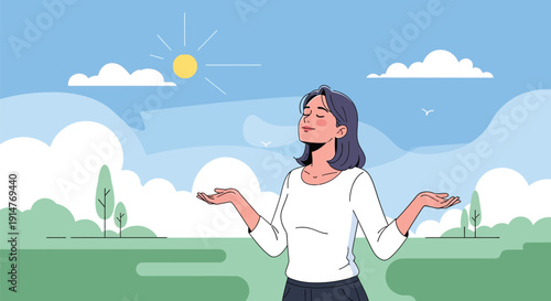 Woman with outstretched arms standing in a green field under a sunny blue sky with white clouds