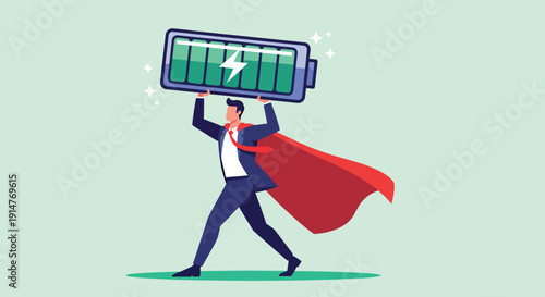 Businessman superhero holding a full battery symbolizing energy and power Vector illustration.
