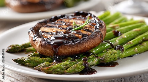 Portobello mushroom steaks grilled with balsamic glaze served with asparagus on a plate with neutral white setting Vegetarian dish