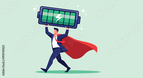 Businessman superhero holding a full charged battery symbolizing energy and power.