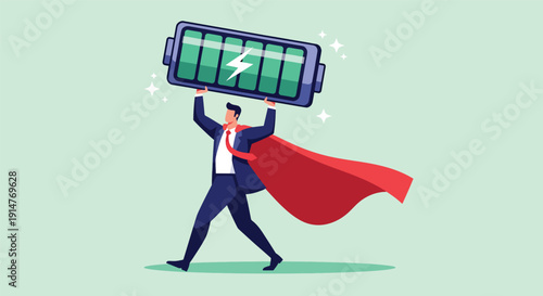 Businessman superhero holding a full battery symbolizing energy and power.