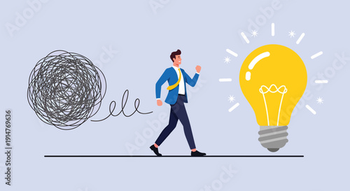Businessman walking from tangled mess to bright idea light bulb.