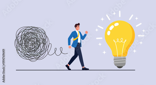 Businessman walks from tangled mess to bright idea light bulb symbolizing problem solving and clarity.