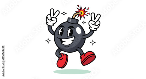Cartoon Bomb Character with Peace Signs and Sparkles.