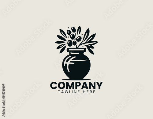 Black vector logo depicting a stylized glass jar filled with olives and olive branches with leaves
