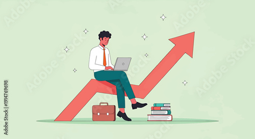 Businessman working on laptop while sitting on a growing arrow symbolizing business growth and success.