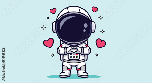 Cute Astronaut Making Heart Hand Gesture in Space.