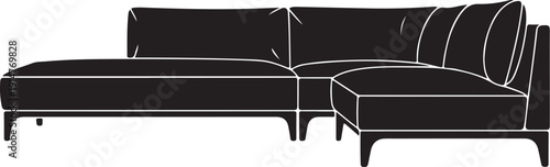 Black Sectional Sofa with Wooden Legs Outline