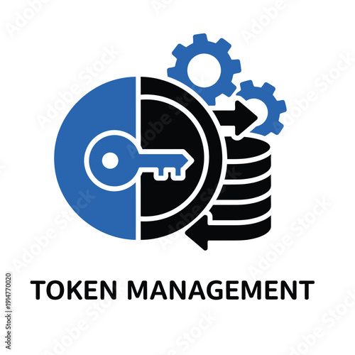 Token Management System Icon with Key and Gears Representing Security and Data Processing