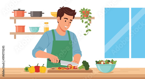 Man in green apron cutting vegetables on kitchen counter with shelf and window