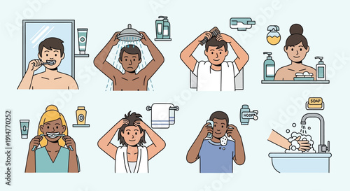Set of 7 people washing face icons vector