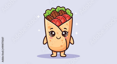 Cute Kawaii Shawarma Kebab Wrap Cartoon Illustration.