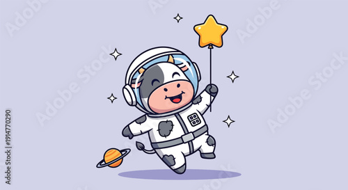 Cute Cow Astronaut Floating in Space Holding a Star Balloon.