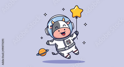 Cute Cow Astronaut Floating in Space Holding a Star Balloon Vector illustration.