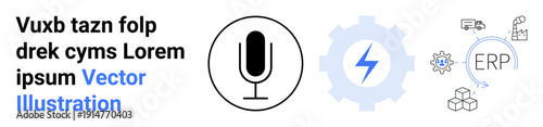 Voice recognition, automation, ERP systems, technology integration, workflow management, digital services. Microphone, gear with lightning bolt ERP-related technology icons. Voice recognition