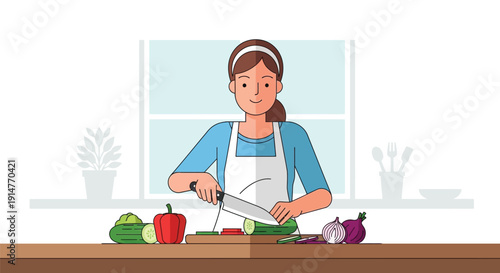 Woman in blue shirt and white apron chopping vegetables on kitchen counter with knife