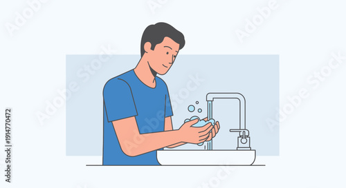 Man washing hands with soap and water at sink, vector illustration