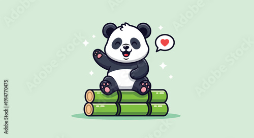 Cute Panda Waving Hand Sitting on Bamboo.