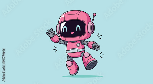 Cute Pink Robot Waving Hello Illustration.
